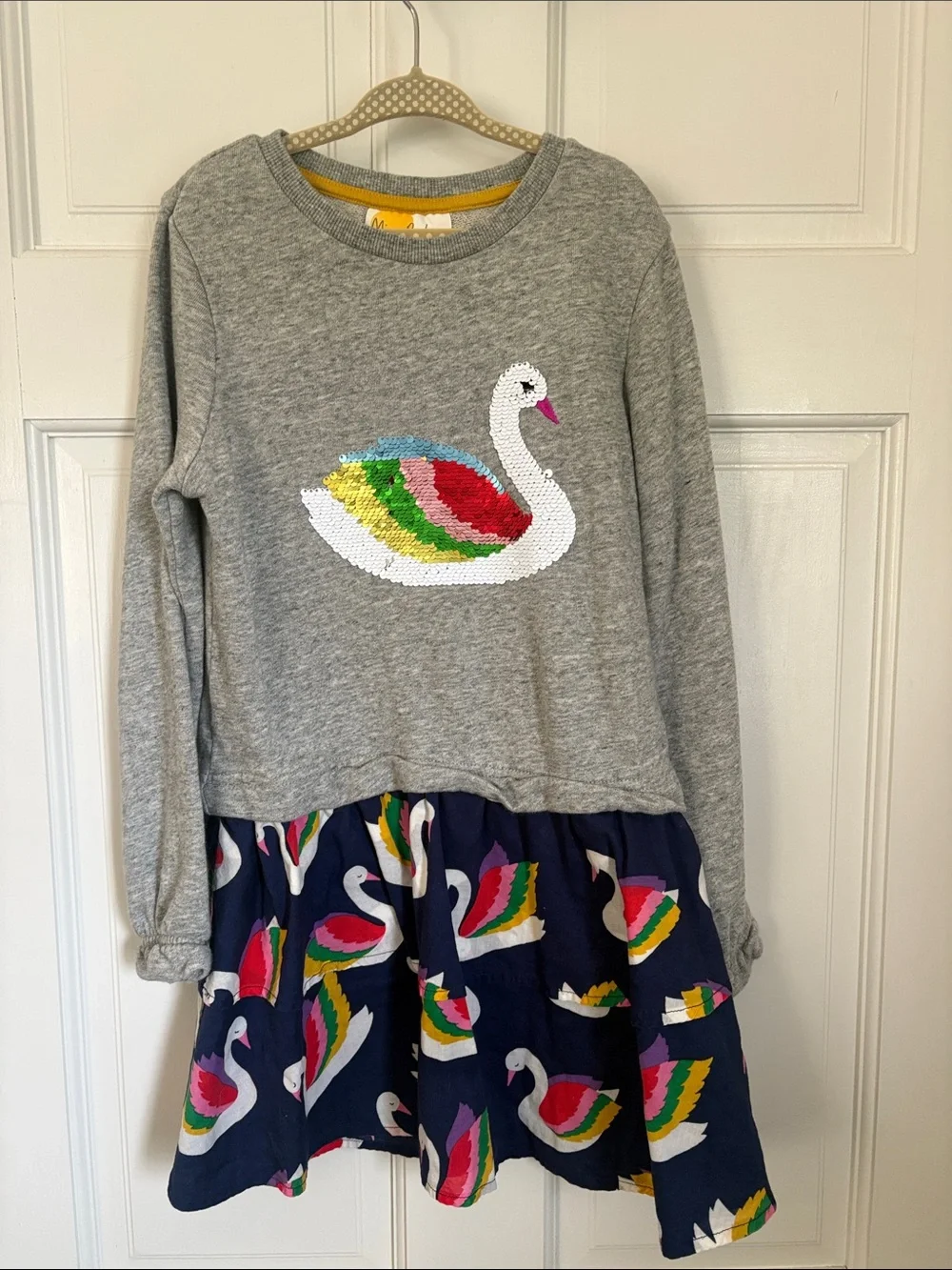 Mini Boden Grey and Navy Swan Sequin Dress with Rainbow Accents